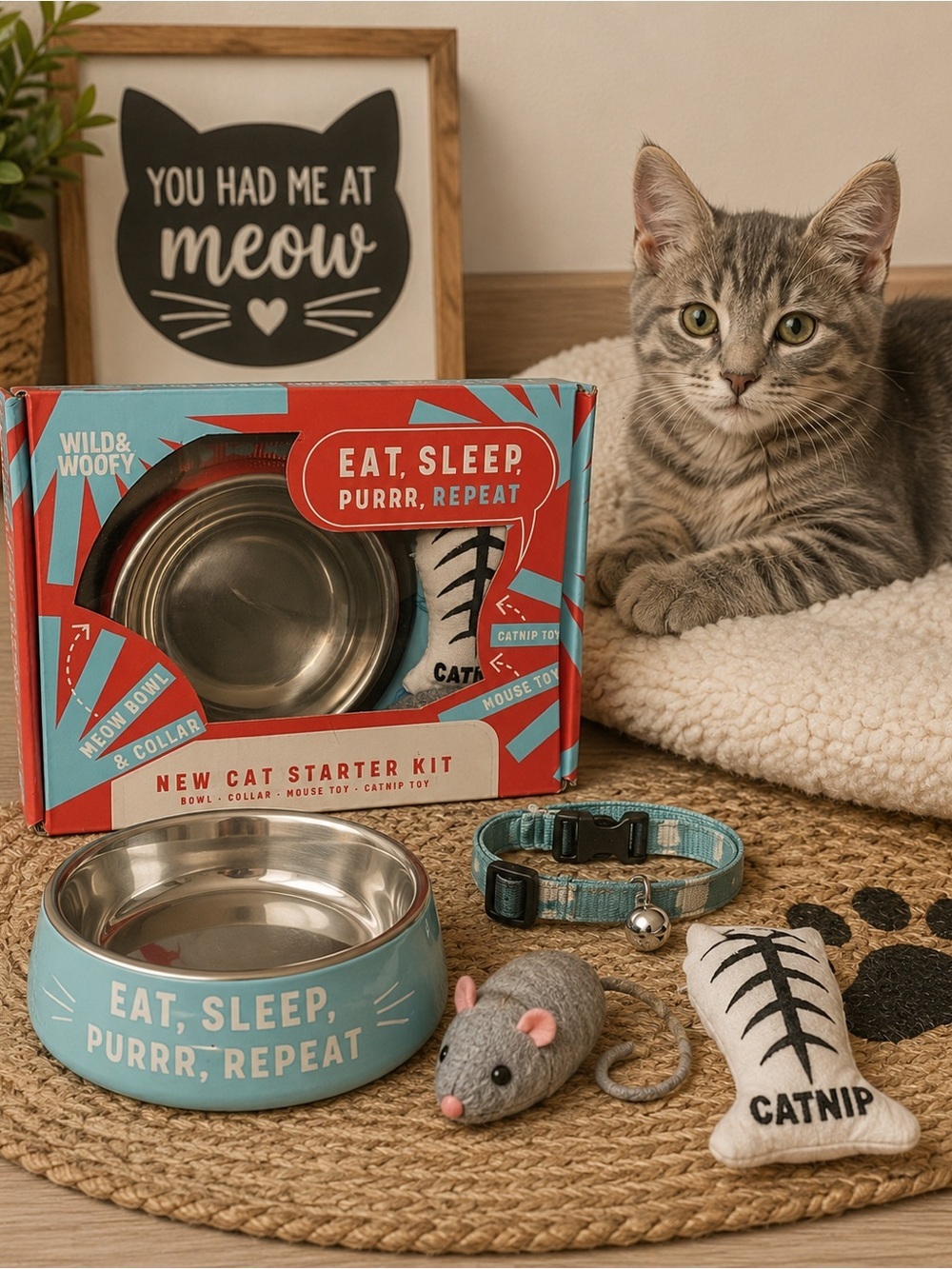 Wild & Woofy New Cat Starter Kit | Bowl, Collar, Mouse & Catnip Toy | Gift Set